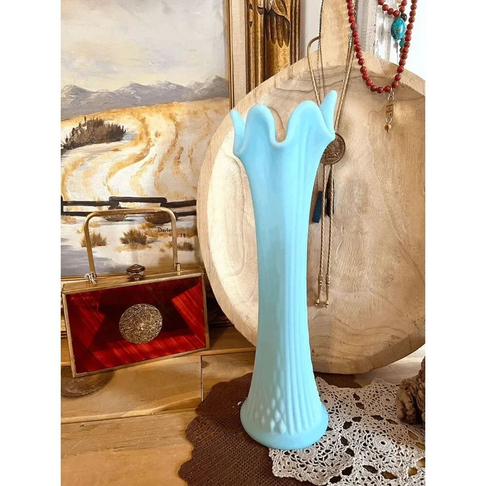 Vintage Fenton Stretch Swung Blue Satin Custard Milk Glass Diamond Pattern Vase